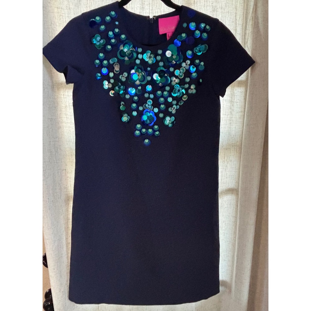 Lilly Pulitzer Navy Blue Sequin‎ Floral Shift Dress Womens Size 0 Short Sleeve